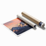 Vibrant rolled print of majestic mountain landscapes showcasing vivid colors and intricate details, ideal for home decor and art enthusiasts.