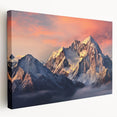 Stretched canvas wall art showcasing a vibrant landscape of majestic mountains under a clear blue sky, perfect for enhancing home decor with nature-inspired aesthetics.