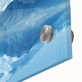 Close-up of a stunning acrylic glass wall art piece featuring a vibrant mountain landscape design, showcasing rich colors and intricate details, ideal for modern home decor.