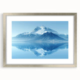 Elegant framed landscape wall art featuring majestic mountains, set in a silver frame with a mat for a sophisticated look, perfect for home decor enhancement.