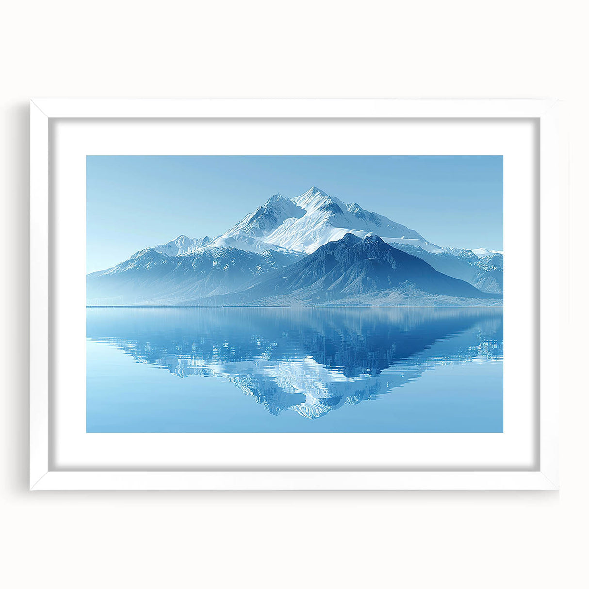 Framed wall art featuring a serene mountain landscape design with soft pastel colors, showcased in a white mat and sleek frame, perfect for home decor.
