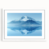 Framed wall art featuring a serene mountain landscape design with soft pastel colors, showcased in a white mat and sleek frame, perfect for home decor.