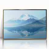 Framed acrylic wall art showcasing a stunning mountain landscape design with a gold border, perfect for adding elegance to home decor. Ideal for nature lovers and modern interiors.