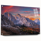 Acrylic wall art showcasing a stunning mountain landscape design in vibrant colors, displayed from a side view with decorative pins, perfect for home decor.
