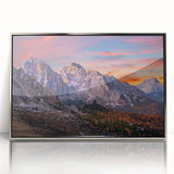 Framed acrylic wall art featuring a serene mountain landscape design in silver hues, ideal for modern home decor. Perfect for enhancing living spaces with nature-inspired aesthetics.
