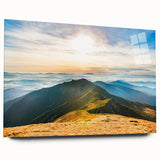Acrylic wall art collection featuring a vibrant mountain landscape design, showcased in a sleek side view without pins, ideal for modern home decor.