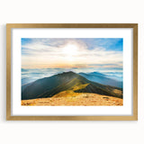 Framed wall art collection showcasing a stunning mountain landscape design with a gold matte finish, ideal for home decor and interior aesthetics.