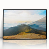 Framed wall art collection showcasing a stunning mountain landscape design in rich colors, featuring a sleek black frame that enhances its modern aesthetic. Ideal for home decor, this acrylic print adds a touch of nature-inspired elegance to any room.