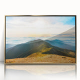 Framed wall art showcasing a stunning mountain landscape design, featuring vibrant colors and a gold-acrylic frame, perfect for enhancing any living space decor.
