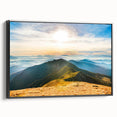 Framed canvas wall art showcasing a stunning mountain landscape design, featuring vibrant colors and intricate details, ideal for home decor enhancement.