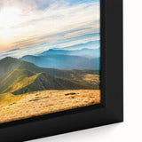 Framed canvas wall art showcasing a close-up of a serene mountain landscape, highlighting vibrant colors and intricate details that enhance any living space decor.