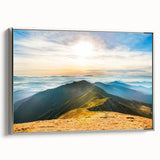 Framed canvas wall art showcasing a stunning mountain landscape design with silver accents, perfect for enhancing modern home decor and bringing nature indoors.