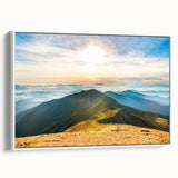 Framed canvas wall art showcasing a serene mountain landscape design with vibrant colors, ideal for home decor. The artwork is displayed from a side view, emphasizing its elegant frame and artistic details.