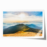 Stunning rolled wall art print showcasing a serene mountain landscape in vibrant colors, perfect for home decor. Ideal for nature lovers seeking tranquility.