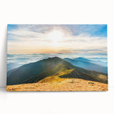 Stretched canvas wall art showcasing a serene mountain landscape design, featuring vibrant colors and intricate details, perfect for home decor enhancement.