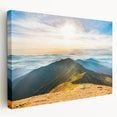 Stretched canvas wall art featuring a vibrant mountain landscape design in rich colors, showcasing majestic peaks and serene skies, perfect for home decor.