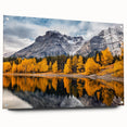 Acrylic glass wall art featuring a stunning mountain landscape design, showcasing vibrant colors and intricate details, elegantly displayed with pins for a modern touch.