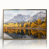 Framed wall art featuring a stunning mountain landscape design with rich colors and gold accents, ideal for home decor and interior design enthusiasts.