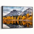 Framed canvas wall art showcasing a stunning mountain landscape design, featuring vibrant colors and intricate details, with a sleek black frame enhancing its aesthetic appeal. The artwork is perfect for adding a touch of nature-inspired elegance to any room.