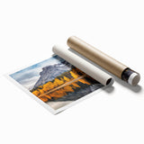 Stunning rolled wall art print showcasing a vibrant mountain landscape design with rich colors, perfect for adding natural beauty to home decor.