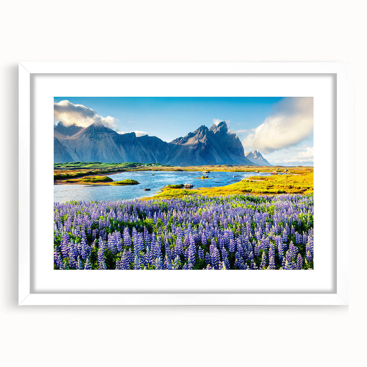 Framed wall art featuring a stunning mountain landscape design, showcasing vibrant colors and intricate details, perfect for home decor in a modern setting.