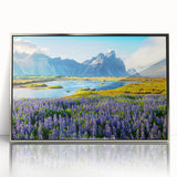 Framed acrylic wall art featuring a stunning mountain landscape design with silver accents, perfect for modern home décor, showcasing depth and vibrant colors.