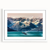 Framed wall art featuring a stunning mountain landscape design with vibrant colors, set in a sleek white mat, ideal for home decor and nature enthusiasts.