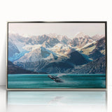 Framed wall art depicting a serene mountain landscape with silver accents, showcasing vibrant colors and intricate details in a modern acrylic design. Ideal for home decor.