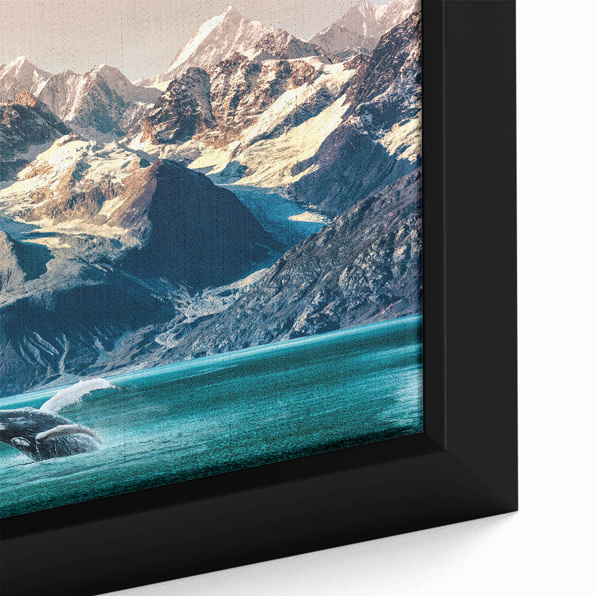 Framed canvas wall art depicting a serene mountain landscape, showcasing vibrant colors and intricate details, perfect for home decor or office ambiance.