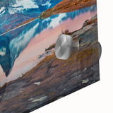 Close-up of a vibrant mountain landscape wall art design, showcasing acrylic glass details and rich colors, perfect for modern home decor or office spaces.