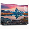 Acrylic glass wall art collection showcasing a stunning mountain landscape design, displayed from a side view with decorative pins, featuring vibrant colors and intricate details that enhance any modern decor.