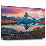 Acrylic glass wall art collection showcasing a stunning mountain landscape design, displayed from a side view with decorative pins, featuring vibrant colors and intricate details that enhance any modern decor.