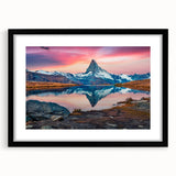 Black-framed wall art featuring a stunning mountain landscape design, showcasing vibrant colors and intricate details, perfect for enhancing home decor.
