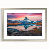 Framed wall art collection showcasing a stunning mountain landscape design with a silver mat, perfect for enhancing home decor and creating a serene atmosphere.