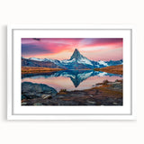 Framed wall art showcasing a serene mountain landscape design, featuring soft colors and a white mat, ideal for home decor and nature enthusiasts.
