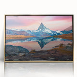 Framed wall art featuring a stunning mountain landscape design with vibrant colors and gold accents, perfect for enhancing modern home decor.