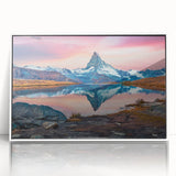 Framed wall art showcasing a stunning mountain landscape design with vibrant colors and intricate details, set against a white background for a modern aesthetic.