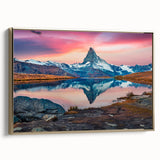 Framed canvas wall art showcasing a stunning mountain landscape design with gold accents, perfect for home decor. The piece features vivid colors and intricate details, adding elegance to any room. Ideal for nature lovers and art enthusiasts alike.
