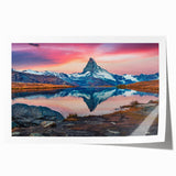 Colorful landscape wall art featuring majestic mountains and vibrant skies, designed for home decor; arrives as a rolled print in protective packaging.
