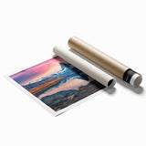 Stunning landscape wall art print featuring majestic mountains and vibrant colors, rolled and securely packaged in a durable tube, perfect for home decor.