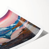 Vibrant rolled print showcasing a stunning mountain landscape design, featuring rich colors and intricate details, ideal for home decor and artistic expression.