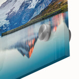 Close-up of a vibrant acrylic wall art piece depicting a stunning mountain landscape, showcasing rich colors and intricate details, perfect for home decor.