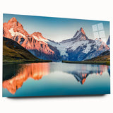 Acrylic wall art showcasing a stunning mountain landscape design in vibrant colors, elegantly displayed from a side view without pins, perfect for home decor.