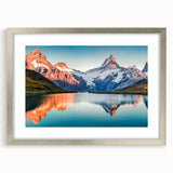 Framed wall art showcasing a stunning mountain landscape in vibrant colors, featuring a sleek silver frame and mat, perfect for enhancing any home decor.