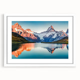 Framed wall art showcasing a serene mountain landscape design, featuring soft pastel colors and a white mat, perfect for home decor enhancement.
