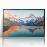 Framed acrylic wall art featuring a stunning mountain landscape design with gold accents, perfect for enhancing modern home decor in living rooms or offices.