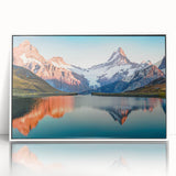 Framed wall art showcasing a serene mountain landscape in soft pastel colors, with a sleek white frame and acrylic front, perfect for modern decor.