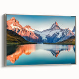 Framed canvas wall art showcasing a stunning mountain landscape design, featuring silver accents and a sleek side view, perfect for home decor enhancement.
