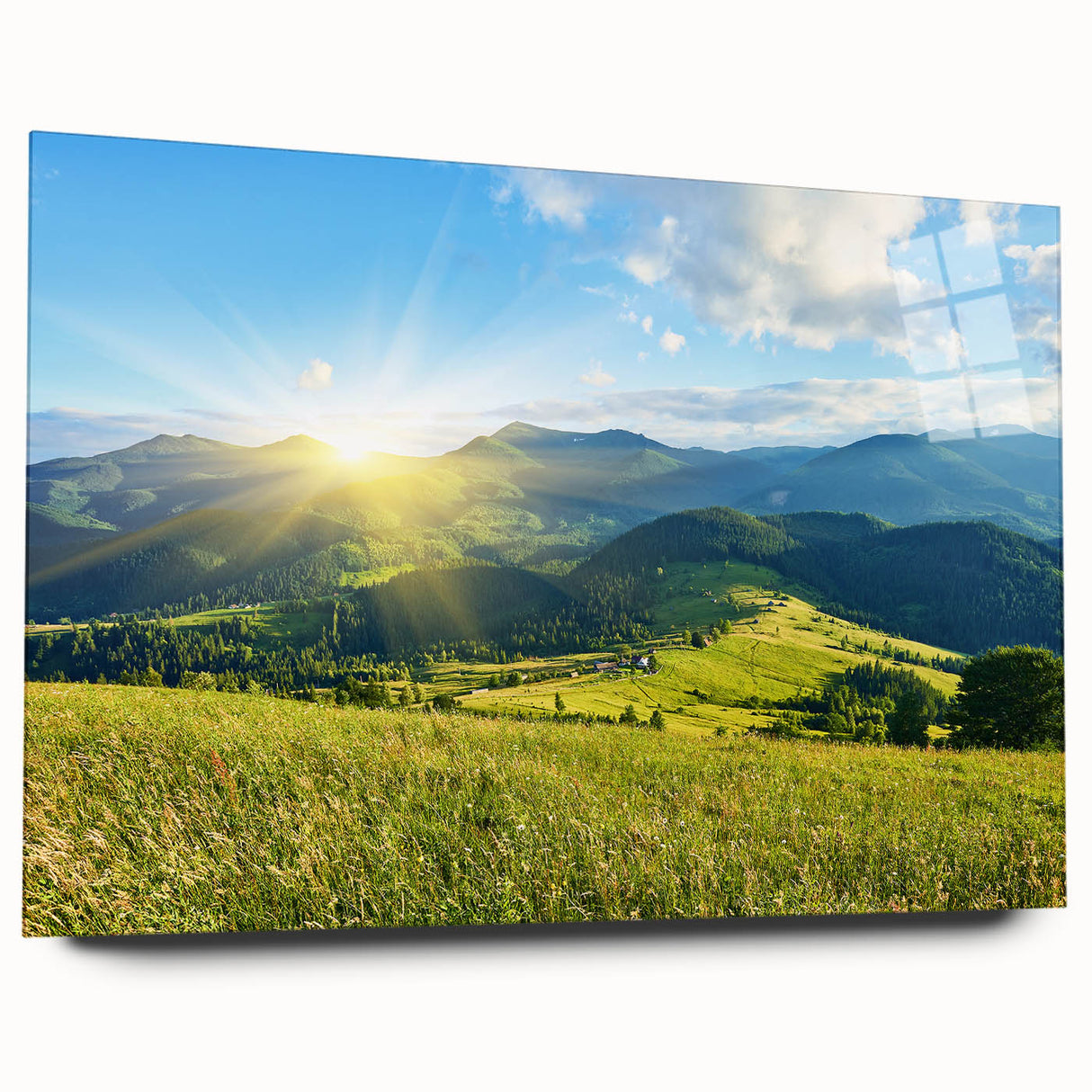 Acrylic wall art design showcasing a stunning mountain landscape with vibrant colors, displayed in a sleek side view without pins, perfect for modern decor.
