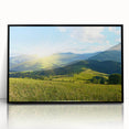 Framed acrylic wall art featuring a stunning mountain landscape design, presented in a sleek black frame, ideal for enhancing modern home decor.